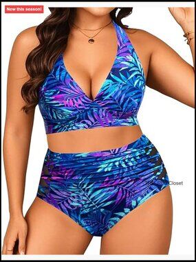 Plus Size Halter Bikini Set High Waisted Tummy Control Swimwear